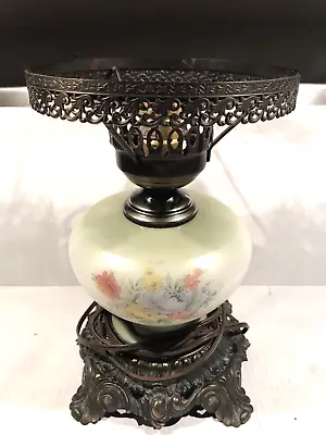 Parlor Hurricane Table Lamp  Floral Cast Metal L & L WMC  GWTW 1971 Beautiful • $77.62