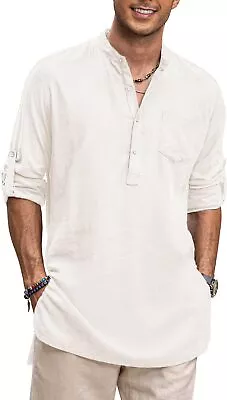 COOFANDY Men's Linen Henley Shirts Long Sleeve Collarless Longline Kurta Beach S • $80.31