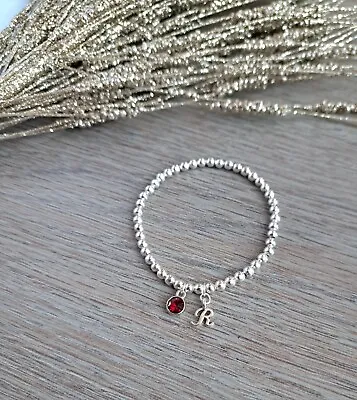 Women Silver Plated Stretchy Bead Ball Bracelet Birthstone Charm Initial Letter  • £5.99