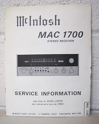 Mcintosh Mac 1700  Vintage   Service Manual - Original • $25.99