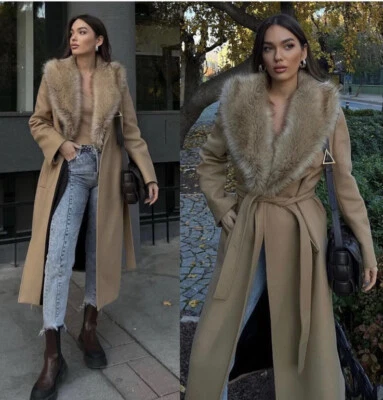 $168 • Buy ZARA NEW FUR COLLAR MANTECO PREMIUM WOOL COAT + BELT TAN / CAMEL | Size L
