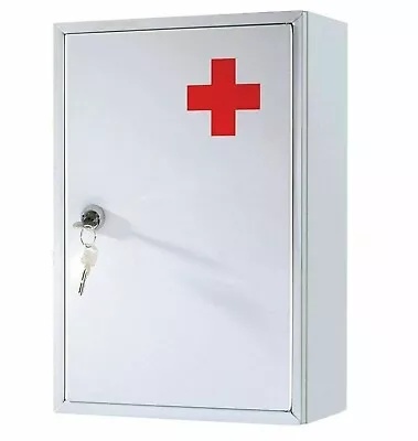 Metal White Cabinet Steel Locking Medicine Drugs Upboard Storage First Aid • £16.65