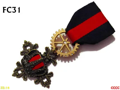 Steampunk Badge Brooch Pin Drape Medal Red Dk Navy Blue Bronze Crown Regal #FC31 • $11.37