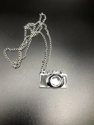 VINTAGE Camera Pendant Necklace Silver Tone Chain Black Enamel Photography • $15