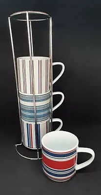 £10.95 • Buy Striped Stackable Mugs With Stand Red White Blue Cups With Chrome Stand 200ml