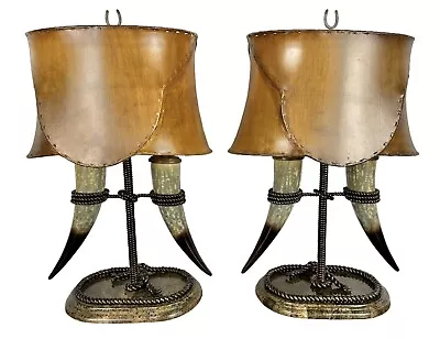 Maitland Smith Horn Tusk Lamps W/ Metal Chain Link Marble Base & Leather Shades • $2995