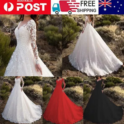 Women Vintage Long Sleeve HollowOut Dresses Sweet Lace Bridal Gown Wedding Dress • $31.99