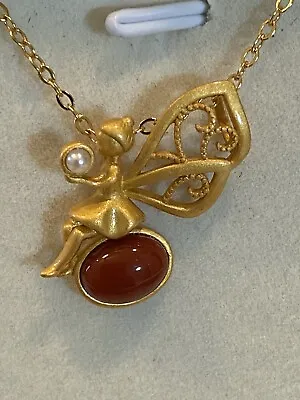 18k Gold 925 Sterling Silver Natural Red Agate Angel Fairy Tinkerbell Necklace • $19.99