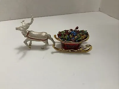 Set Of 2 Bejeweled Santa's  Sled  And Reindeer  Trinket Boxes Hinged Treasure • $29.99