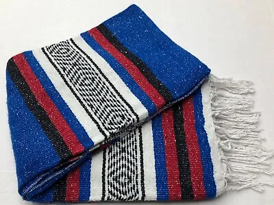 FALSA Mexican Blanket Hand Woven RASTA Serape Throw Yoga Blue /red/white • $24.99
