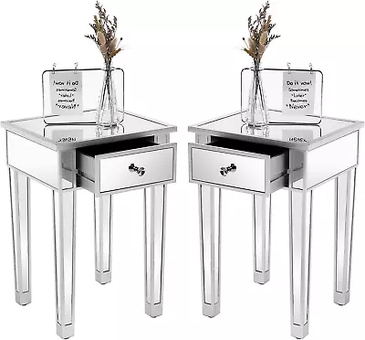 Mirrored End Table With Drawer Silver Modern Nightstand/Bedside/Accent Table Set • $244.99