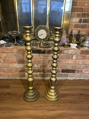 Large Vintage Brass Floor Altar Candlesticks Holders 29 3/4” Made In Hong Kong • $225