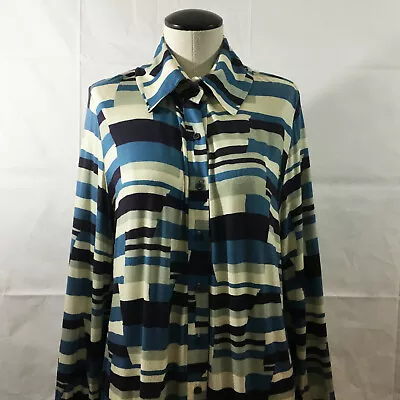 C13 Charles Nolan Abstract Button Dress Sz 14 Womens Plus Blue Cream • $30.49