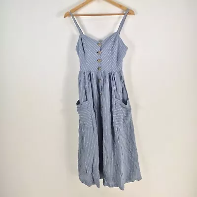 Urban Outfitters Womens Dress Size L Fit Flare Blue Striped Midi Stretch 079741 • $24.95