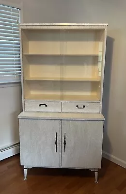Vintage Mid Century Retro White Gray Formica Cabinet Hutch Display Dinette Glass • $349.99