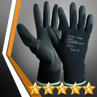 24 Pairs Builders Work Gloves PU Coated New Black Hand Safety Industrial Use • £1.89