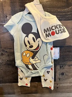 Disney Baby Mickey Mouse 3 Piece Clothing Set W/ Bib! Blue & White W/ Pattern • $9.99