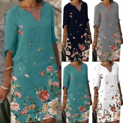 $24.96 • Buy Women Retro Short Sleeve Floral Baggy Casual Loose Kaftan Midi Dress Sundress AU