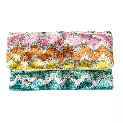 Shirdee Seed Bead Beaded Chevron Pastel Silver Chain Shoulder Clutch • $60