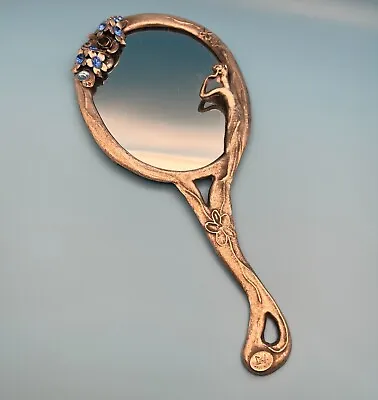 Vanity Hand Mirror Art Nouveau With Metal Flowers And Crystals • $130