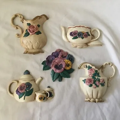 5 Vintage Pansy Teapot Burwood Wall Art Plaque Floral Decor Set  • £28.50