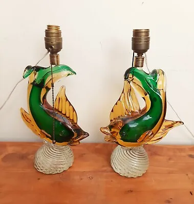 Pair Of Superb MCM MURANO Sommerso Fish Bedside Table Lamps Amber & Green  • $485.59