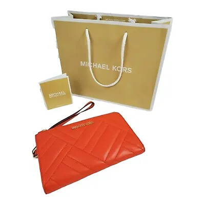 Michael Kors Wallet Wristlet Phone Peyton Mandarin Orange Double Zip Quilted • $50.40