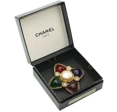 Vintage CHANEL 2 3 Multicolor Gripoix Faux Pearl Brooch Gold Plated With Box • $2069