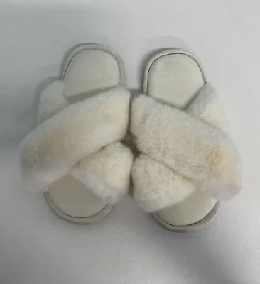 Women's US 5/6 Cross Band Slippers Soft Plush Cozy House Shoes Faux Rabbit Fur N • $17.50