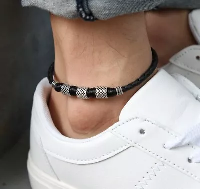 Women/ Men Genuine Leather Lucky Wealth Bead Black Rope Anklet Bracelet One Size • $10.99