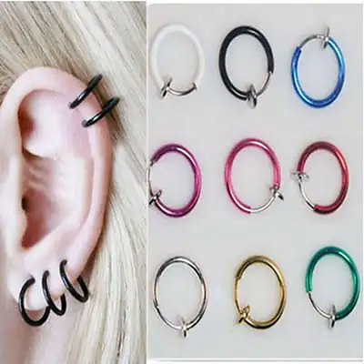 Clip On Fake Hoop Boby Nose Lip Ear Ring Stud Earrings Punk Goth Piercing Septum • £2.49