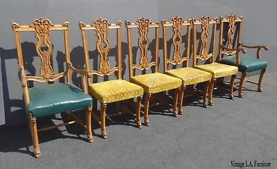 Set Of Six Vintage Rococo French Provincial Ornately Carved Dining Chairs Louis  • $2266