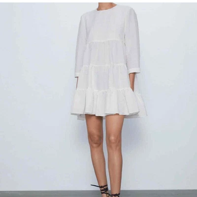 $18 • Buy Zara Women’s Baby Doll Textured White Dress Size Medium Blogger Favorite 