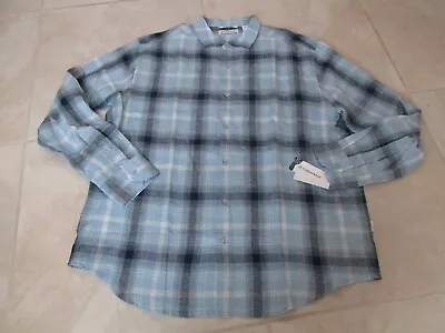 NEW Cubavera 100% Linen Roll Up Sleeve Shirt MENS L Blue Plaid $102.00 • $25