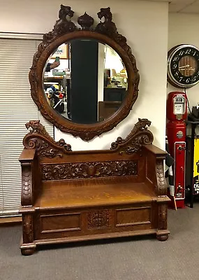 Victorian 1880 Hall Tree Mirror Set Tiger Oak Quarter Sawn Absolutely Beautiful! • $24995