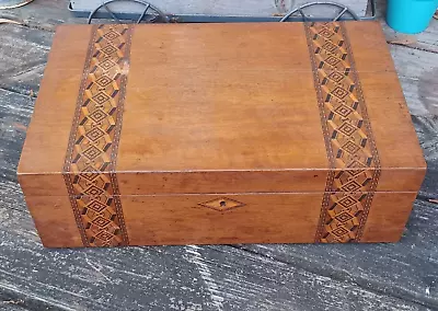 Antique Traveling Wood Inlay Writing Lap Desk W/ Glass Inkwell • $125