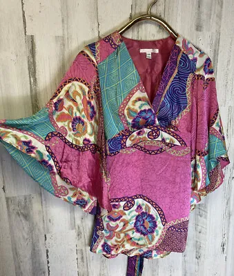 VTG Alice & Trixie Colorful Print Silk Blouse Bell Sleeves Sz M Made In USA Y2K • $27.50