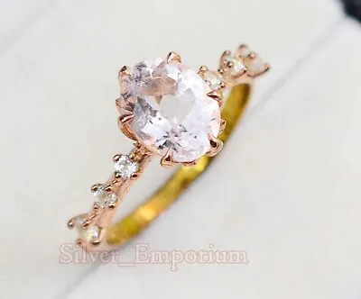 9X7 MM Natural Morganite Cut Gemstone 14K Solid Rose Gold Wedding Ring For Women • $106.99