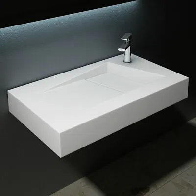 Bathroom Wash Basin Sink Stone Resin Wall Hung Countertop Rectangle + Waste Plug • £126.45
