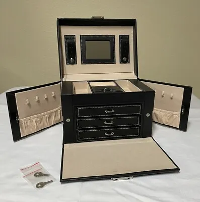 Homde Jewelry Box Organizer 3 Drawer Storage Locking 2 Keys Black Faux Leather • $16.50