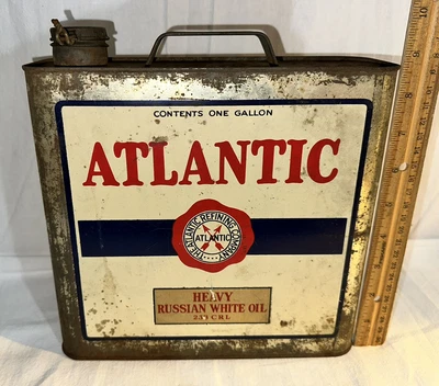 $23.50 • Buy Antique Atlantic Russian White Oil Tin Litho Early Narrow Can Gas Station Motor