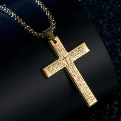 Cross Pendant Necklace For Men Stainless Steel Lord's Prayer Bible Chain Plated • $8.35