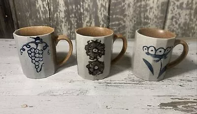 3 MCM Vintage Japan Stoneware Blue Flower Brown Coffee Tea Cup Mugs~Hand Painted • $18