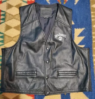 Jack Daniels Leather Vest Mens XL Black Snap Front Motorcycle Biker • $75