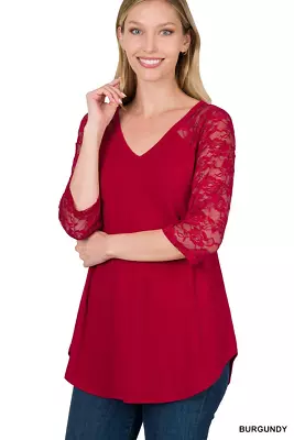 Zenana Women's V-Neck Lace 3/4 Sleeve Round Hem Blouse Top Tunic S-3X • $9.85