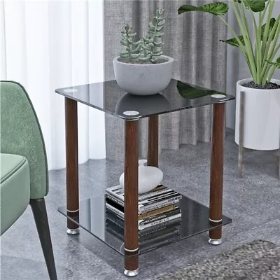 Modern 2-Tier End Table White+Walnut Side Table Tempered Glass Coffee Table • $47.50