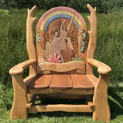 Handmade Bespoke Wooden Garden Bench Oak Woodland Eco Rustic Unicorn Theme • £1749.99