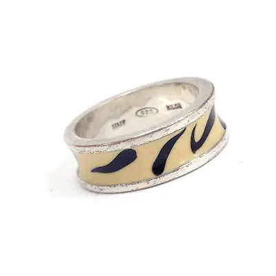 Milor Italy Sterling Silver Cream & Black Enamel Animal Print 7mm Band Ring Sz 7 • $29.99