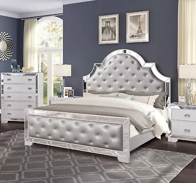 Modern White Queen Bed Luxury Style Bedroom Furniture 1pc Mirror Trim Accent • $1049