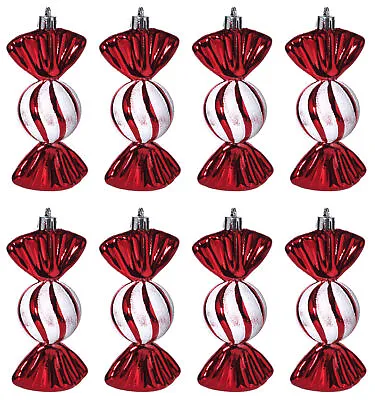 Round Sweet Christmas Tree Bauble Decorations - Red White Candy Cane - Set Of 8 • £11.99